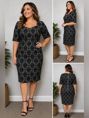 Bisou Bisou Black Gray Damask Print Stretch Sheath Dress Size 14